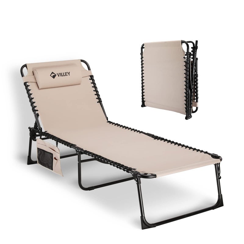 VILLEY Oversized Chaise Lounge Chair, Heavy-Duty Folding Outdoor Lounge Chair with 5 Adjustable Positions, Portable Trifold Beach Lounger for Patio, Beach, Lawn, Backyard, Camping â€“ Beige - Image 1