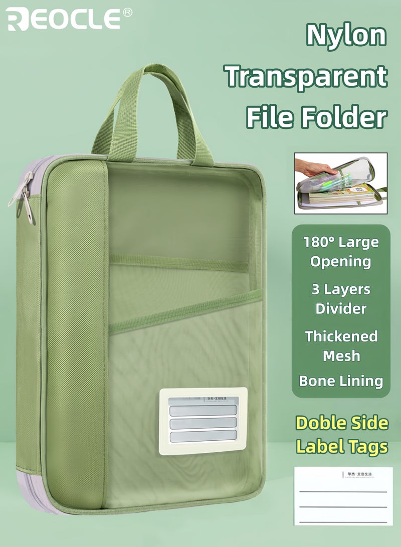 REOCLE Nylon Transparent File Folder with 3-Layer Division and Shoulder Strap Portable Document Organizer with Multi Pocket Design for Student School Tutoring Use