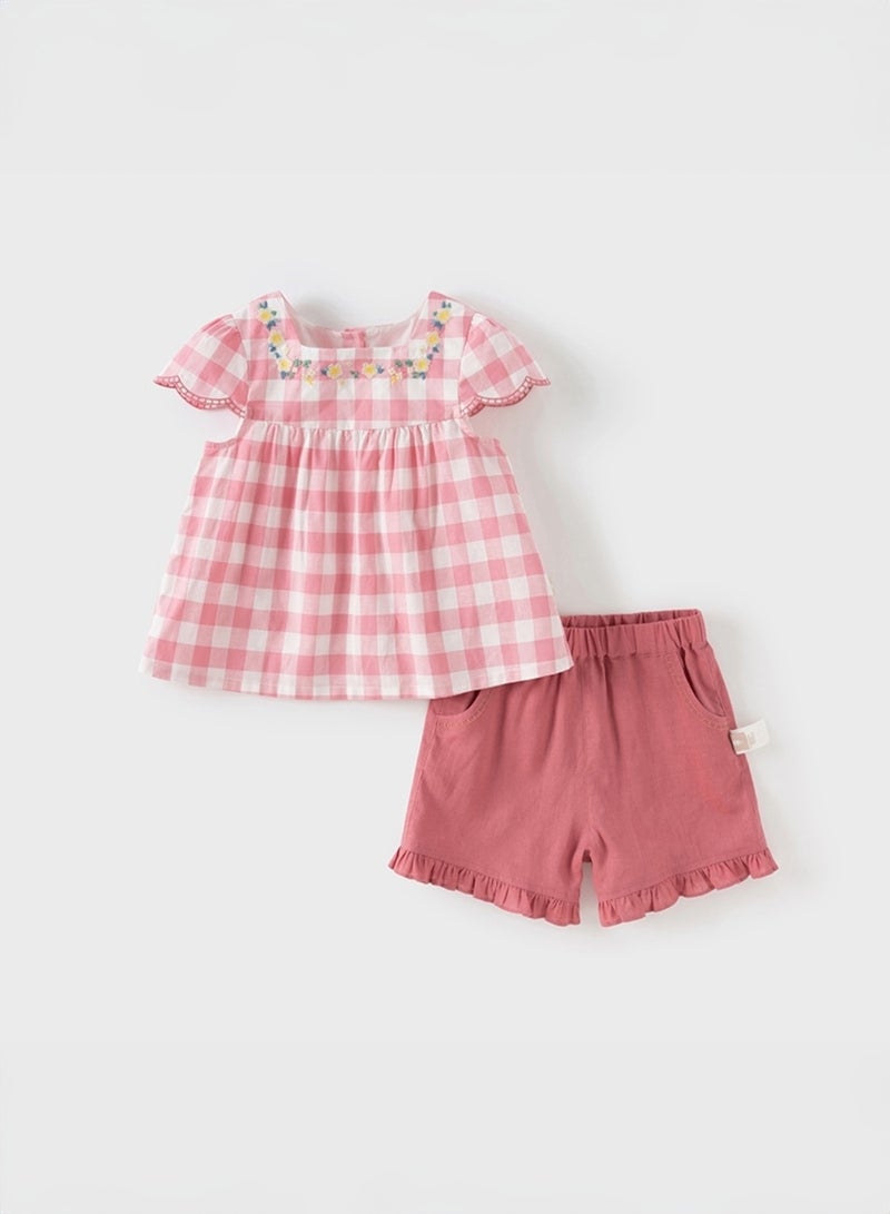 Dave & Bella Cotton Embroidered Gingam Top & Frill Shorts Set - Image 4