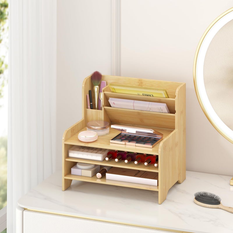 Wisuce Essentials Bamboo Desk Organizer Mail Holder Countertop Letter Tray File Organizer for Desk Letter Sorter Paper File Storage for School Home Office Supplies - Image 2