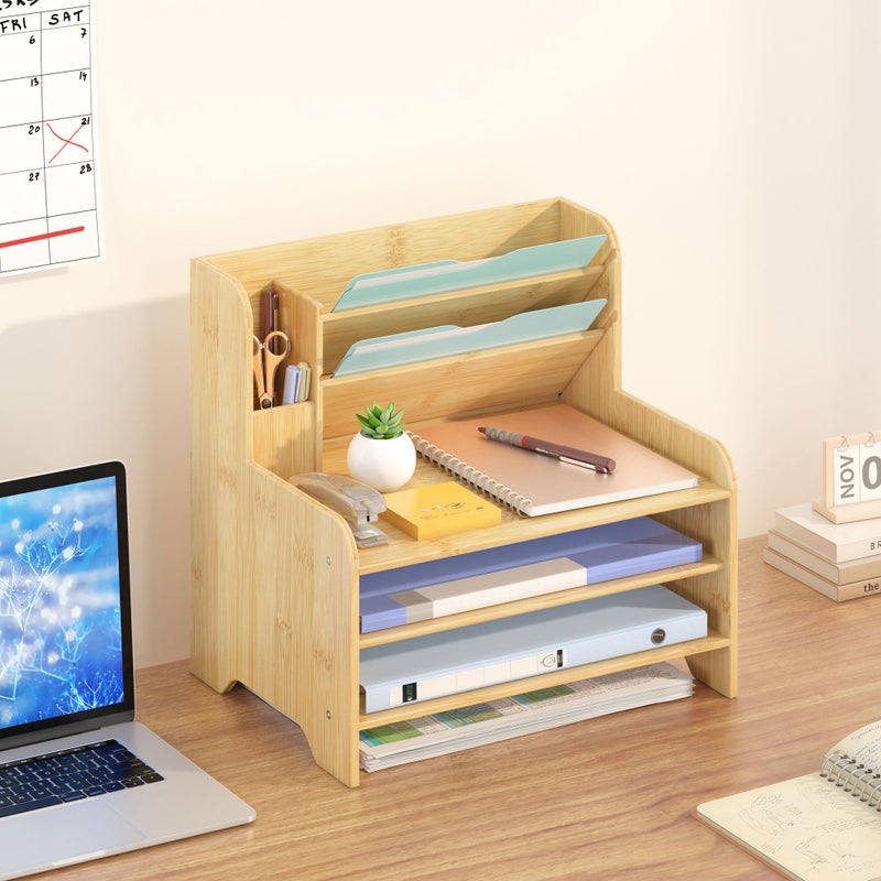 Wisuce Essentials Bamboo Desk Organizer Mail Holder Countertop Letter Tray File Organizer for Desk Letter Sorter Paper File Storage for School Home Office Supplies - Image 3