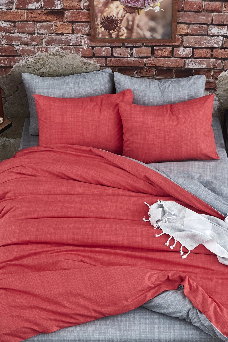 cottonevs Evtekstil Cotton Double Pomegranate Flower Red Gray Double-Sided Duvet Cover Set