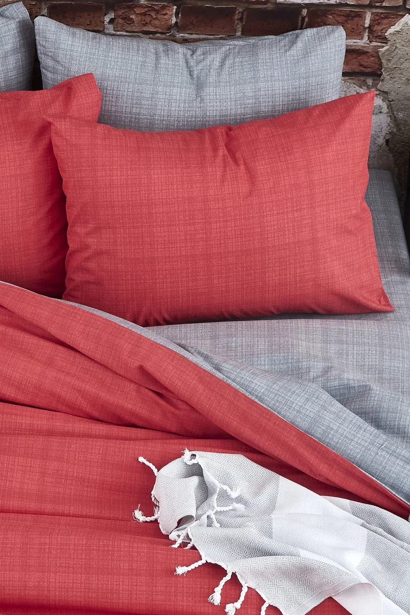 cottonevs Evtekstil Cotton Double Pomegranate Flower Red Gray Double-Sided Duvet Cover Set