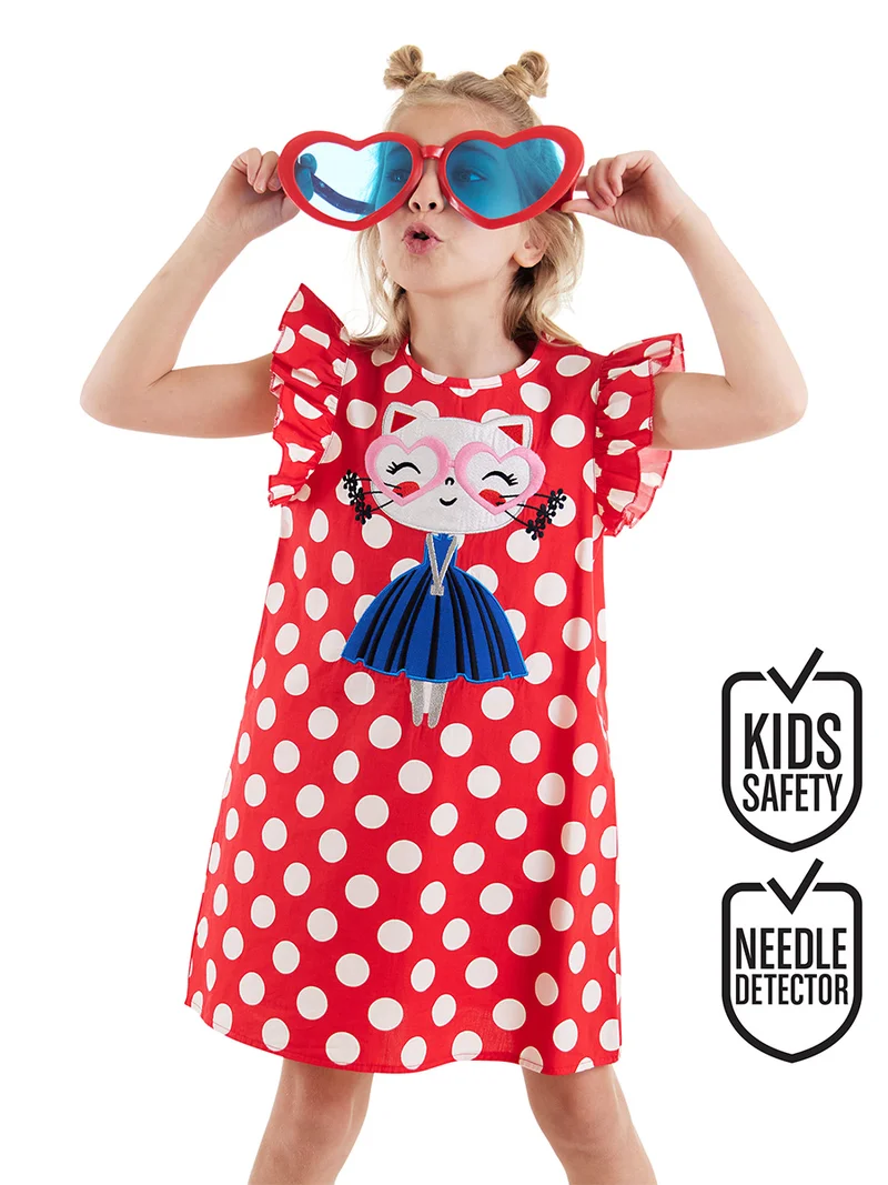 دينوكيدس فستان قطة بنقاط البولكا للبنات من البوبلين