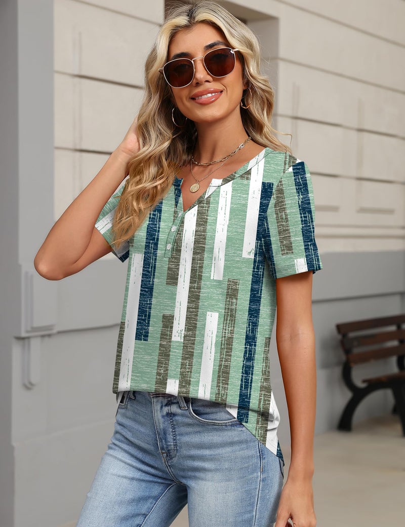 TCOT Women's V Neck Short Sleeve Tops Classic Summer Dressy Shirts Tunic Business Blouses Green Pattern Clothes L - Image 5