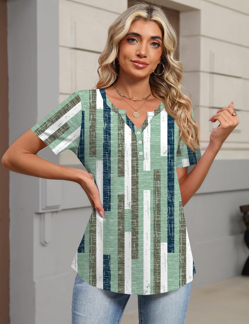 TCOT Women's V Neck Short Sleeve Tops Classic Summer Dressy Shirts Tunic Business Blouses Green Pattern Clothes L - Image 2