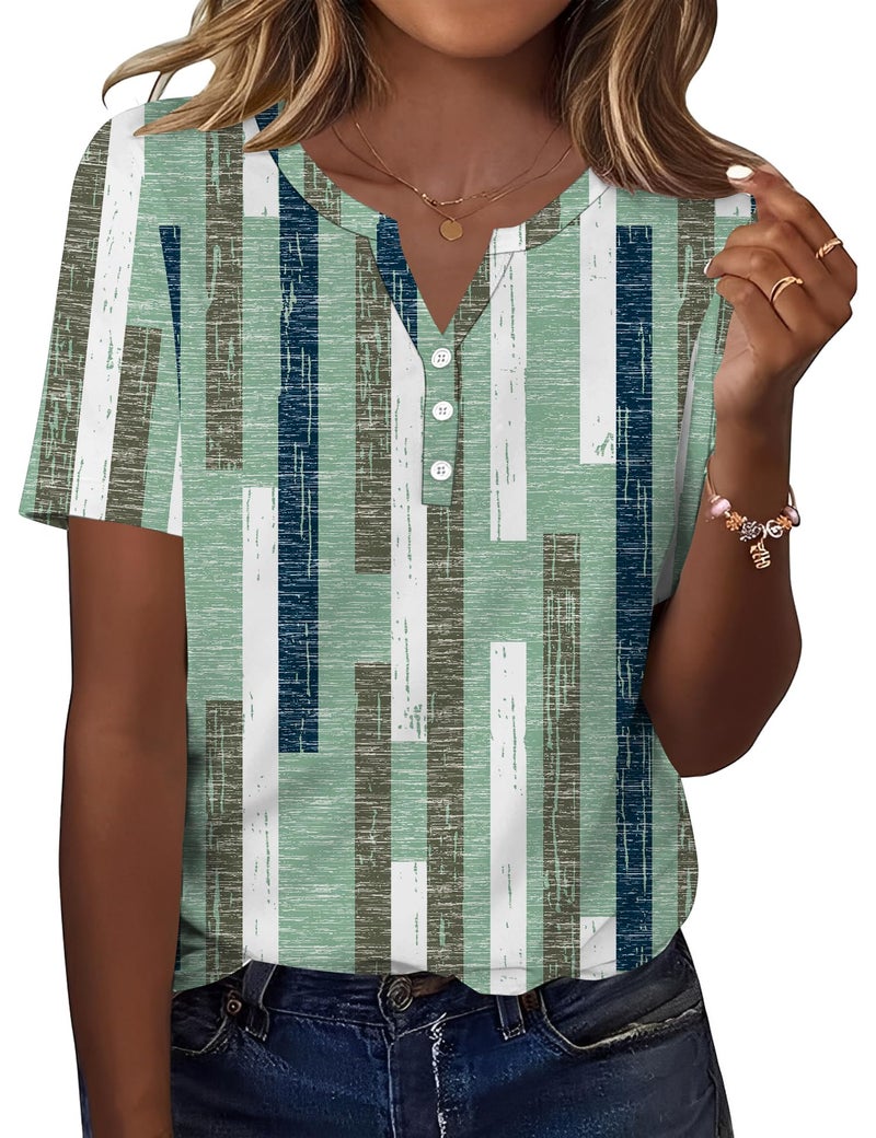 TCOT Women's V Neck Short Sleeve Tops Classic Summer Dressy Shirts Tunic Business Blouses Green Pattern Clothes L - Image 1
