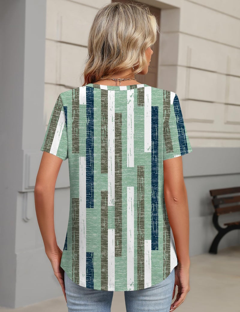 TCOT Women's V Neck Short Sleeve Tops Classic Summer Dressy Shirts Tunic Business Blouses Green Pattern Clothes L - Image 3