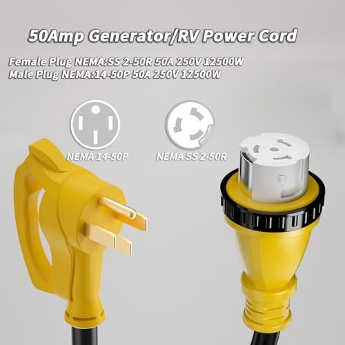 PlugSaf 50 Amp Generator Cord, 25FT 50 Amp RV Extension Cord with Twist Lock, Generator Cable 50A 4 Prong Yellow, NEMA 14-50P/SS2-50R Heavy Duty STW Wire for RV Camper & House - Image 4