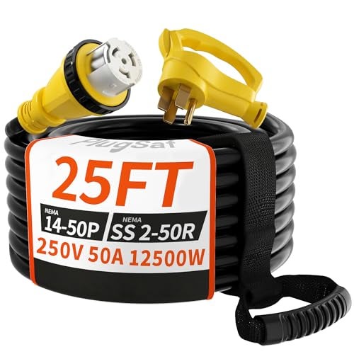 PlugSaf 50 Amp Generator Cord, 25FT 50 Amp RV Extension Cord with Twist Lock, Generator Cable 50A 4 Prong Yellow, NEMA 14-50P/SS2-50R Heavy Duty STW Wire for RV Camper & House - Image 1