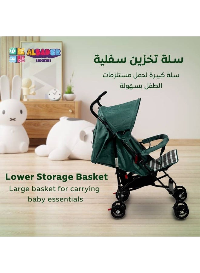 البدر عربة أطفال البدر متوسطة الحجم بمظلة قابلة للتعديل، تصميم خفيف قابل للطي مع مقعد مبطن وحزام أمان، عجلات مزدوجة مع فرامل خلفية، مقابض مريحة، سلة تخزين كبيرة، عربة عملية للسفر والاستخدام اليومي متوفرة بألوان - Image 3