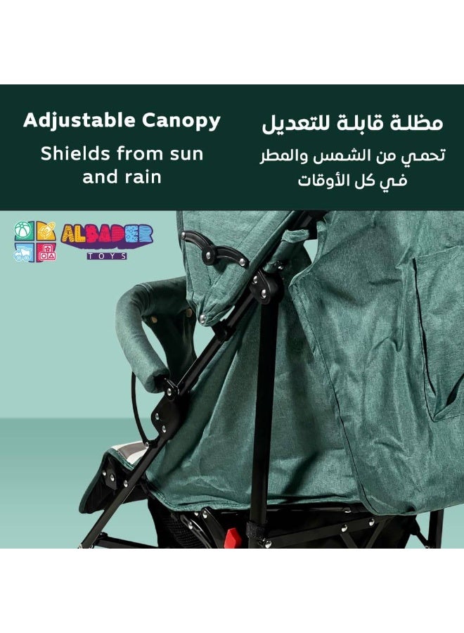 البدر عربة أطفال البدر متوسطة الحجم بمظلة قابلة للتعديل، تصميم خفيف قابل للطي مع مقعد مبطن وحزام أمان، عجلات مزدوجة مع فرامل خلفية، مقابض مريحة، سلة تخزين كبيرة، عربة عملية للسفر والاستخدام اليومي متوفرة بألوان - Image 4