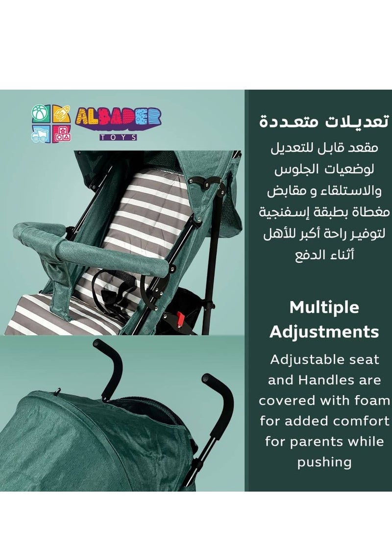 البدر عربة أطفال البدر متوسطة الحجم بمظلة قابلة للتعديل، تصميم خفيف قابل للطي مع مقعد مبطن وحزام أمان، عجلات مزدوجة مع فرامل خلفية، مقابض مريحة، سلة تخزين كبيرة، عربة عملية للسفر والاستخدام اليومي متوفرة بألوان - Image 2