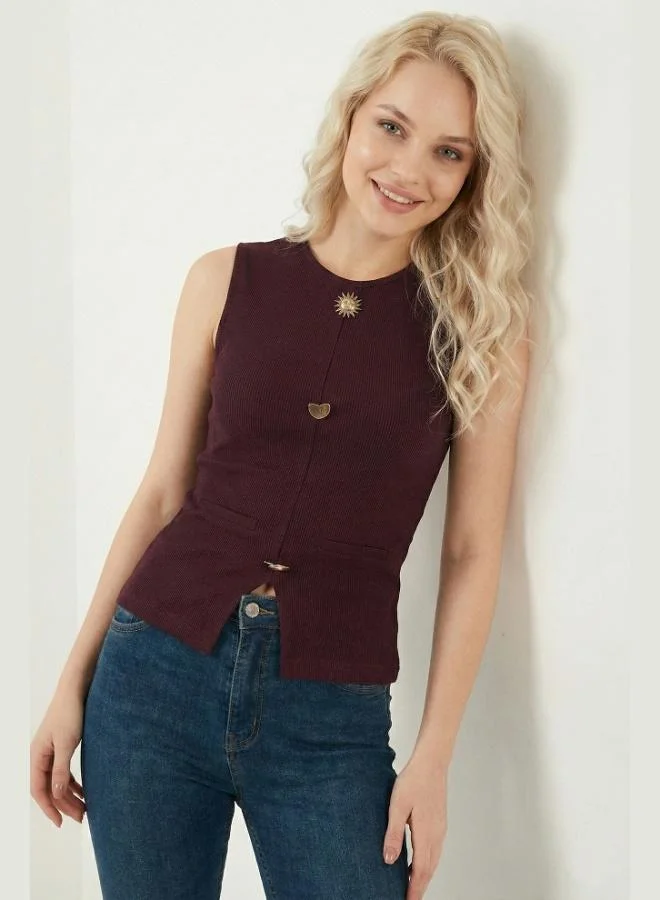 ليلا Lela Fitted Crew Neck Blouse with Accessory Details Women's Blouse 5866475