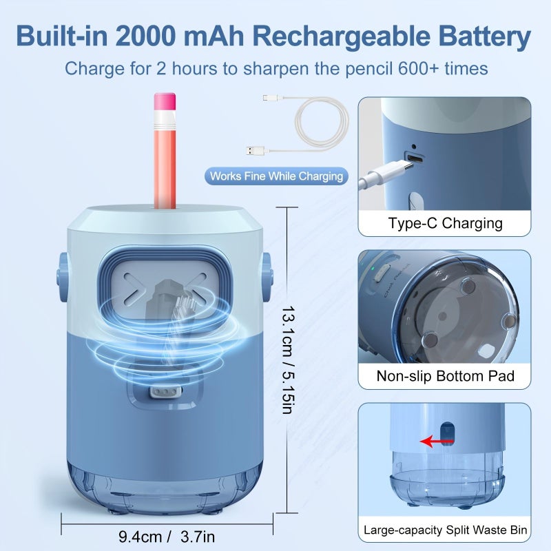 Pink Fully Automatic Pencil Sharpener With Auto Feeding And Retracting For 6-8Mm Pencils And Built-In 2000Mah Rechargeable Battery - Image 2