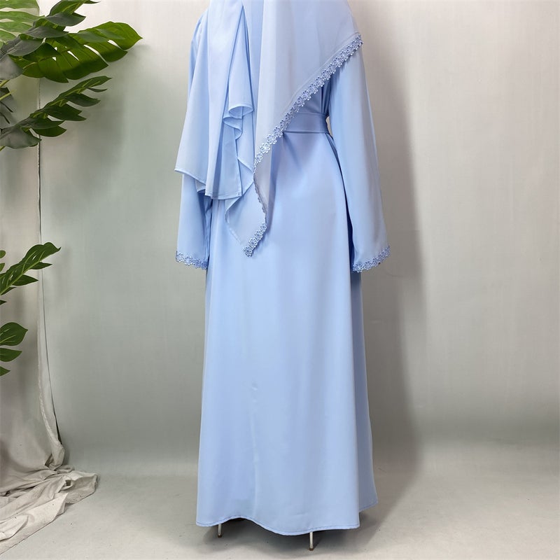 monica fashion Fashion Elegant Lace Abaya Trimmed Cardigan Robe with Headscarf - Image 2