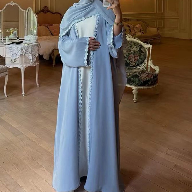 monica fashion Fashion Elegant Lace Abaya Trimmed Cardigan Robe with Headscarf - Image 1
