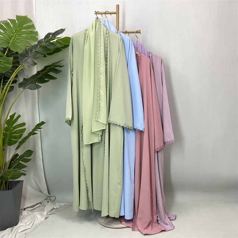 monica fashion Fashion Elegant Lace Abaya Trimmed Cardigan Robe with Headscarf - Image 4