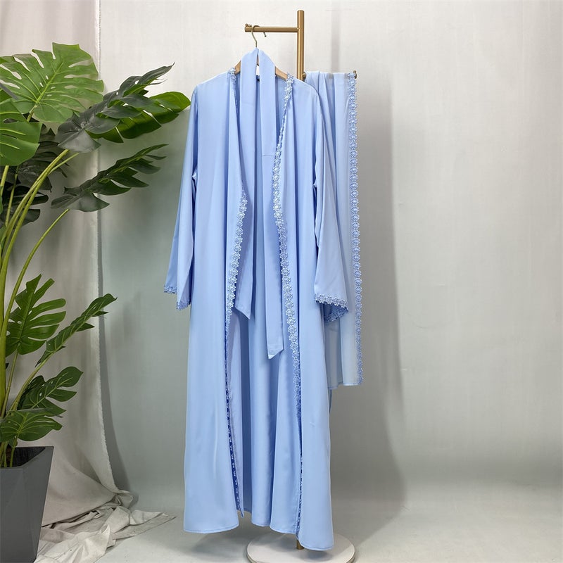 monica fashion Fashion Elegant Lace Abaya Trimmed Cardigan Robe with Headscarf - Image 3