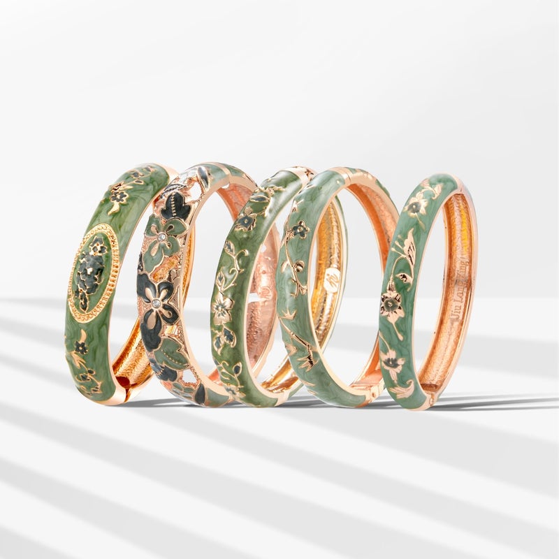 UJOY Bangles 5 Pcs Enamel Jewelry Set Rose Flower Engraved Cloisonne Bracelets Pack in a Box 5PCS Green - Image 4