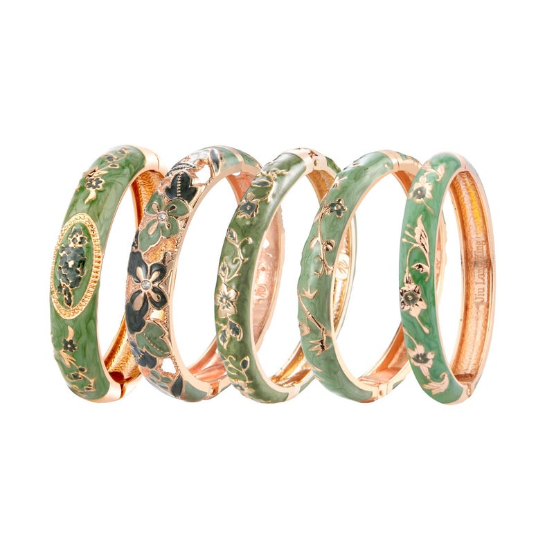 UJOY Bangles 5 Pcs Enamel Jewelry Set Rose Flower Engraved Cloisonne Bracelets Pack in a Box 5PCS Green - Image 1