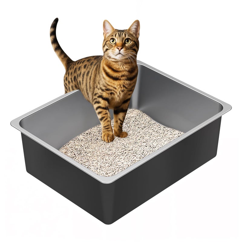 Ohtomber Stainless Steel Litter Box - High Sided Metal Cat Litter Box Pan, Never Absorbs Smell, Easy to Clean Non Stick Cat Litterbox Tray Toilet Pet Supplies for Indoor Kitty, Kitten, Rabbit, Puppy - Image 1