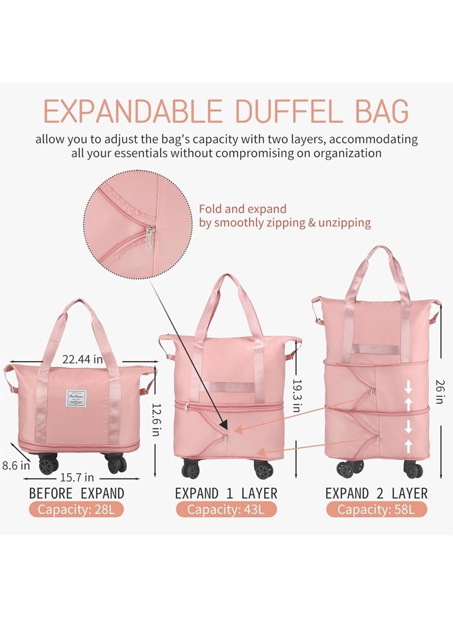 DUNISO Expandable Foldable Luggage Bag, Large Capacity Wet And Dry Duffel Bag With Detachable Universal Wheels, Double Layer Expandable Duffel Bag, Lightweight Suitcases (Pink) - Image 2