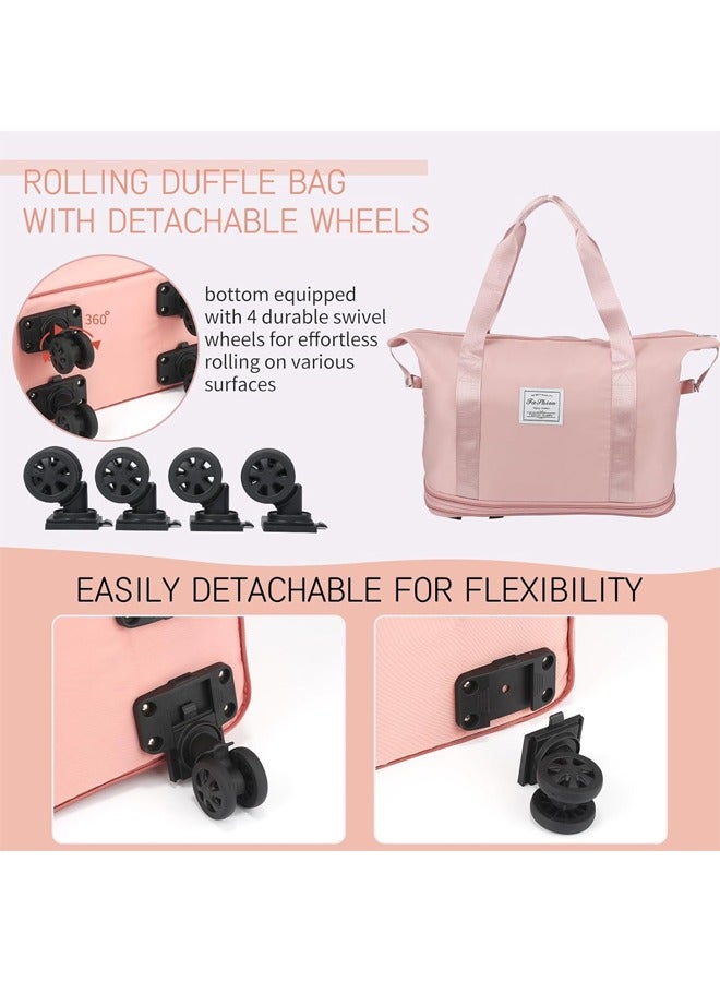 DUNISO Expandable Foldable Luggage Bag, Large Capacity Wet And Dry Duffel Bag With Detachable Universal Wheels, Double Layer Expandable Duffel Bag, Lightweight Suitcases (Pink) - Image 5