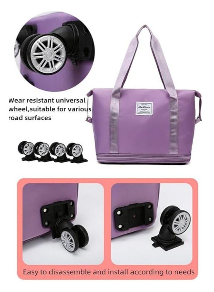 DUNISO حقيبة سفر بعجلات عالمية قابلة للفصل، حقيبة دوفل بسعة كبيرة مخصصة للسوائل الجافة والرطبة مزودة بعجلات، حقيبة دوفل مزدوجة الطبقات قابلة للتوسع مزودة بعجلات (وردية) - Image 4
