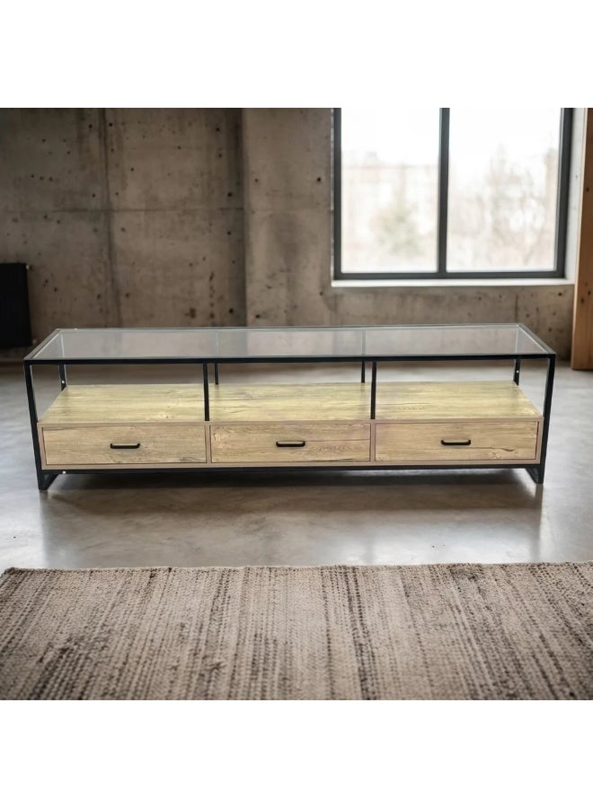 AL Hadaya Mall Wood Plasma TV Stand with Glass Top and 3 Drawers - Beige - 180x40x50cm - Image 2