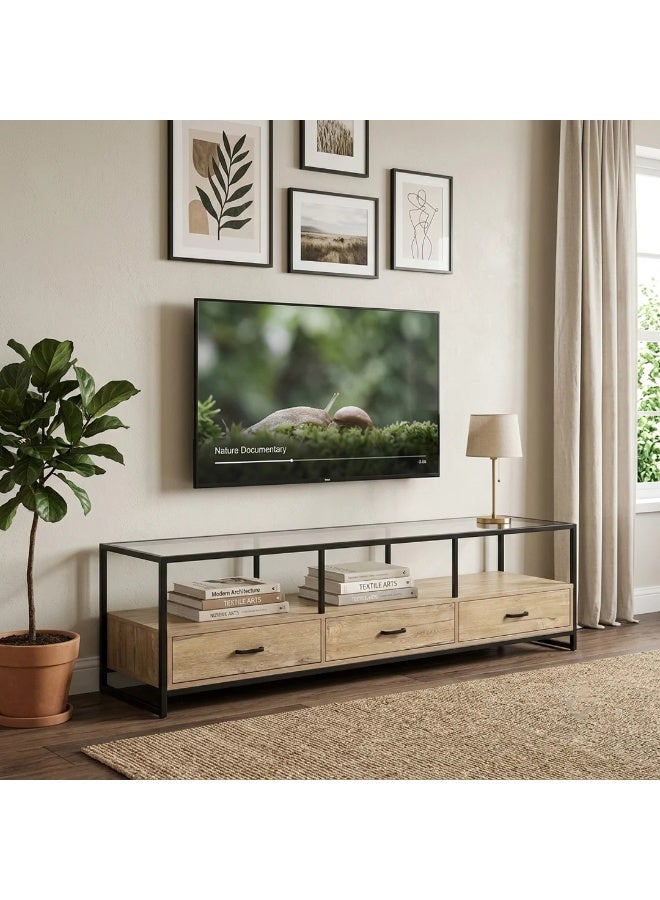 AL Hadaya Mall Wood Plasma TV Stand with Glass Top and 3 Drawers - Beige - 180x40x50cm - Image 1