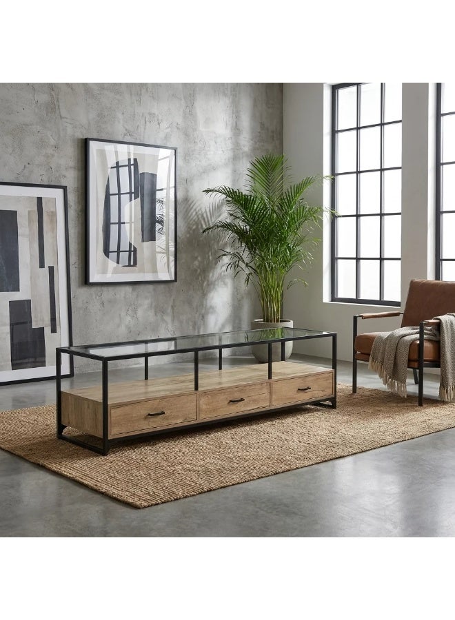 AL Hadaya Mall Wood Plasma TV Stand with Glass Top and 3 Drawers - Beige - 180x40x50cm - Image 3