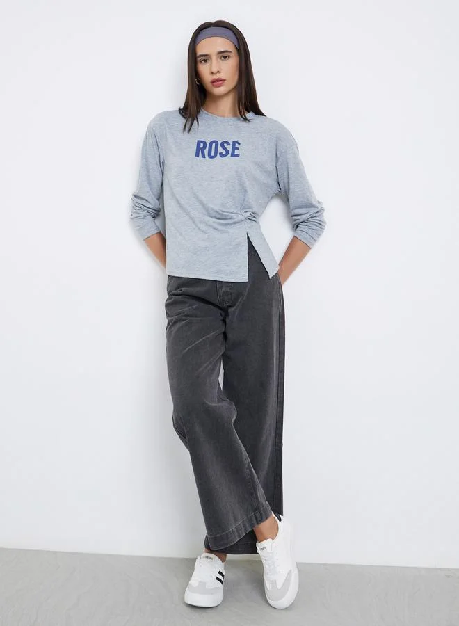 Styli Styli Grey Slogan Print Knot Detail T-Shirt