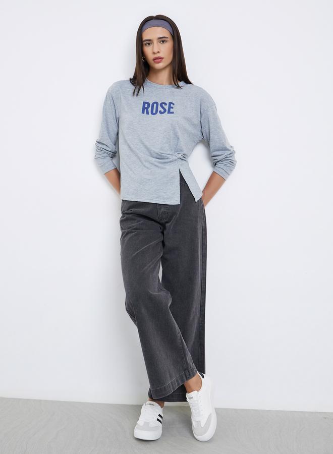 Styli Grey Slogan Print Knot Detail T-Shirt - Image 2