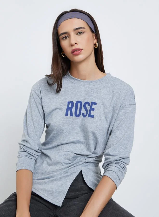 Styli Styli Grey Slogan Print Knot Detail T-Shirt