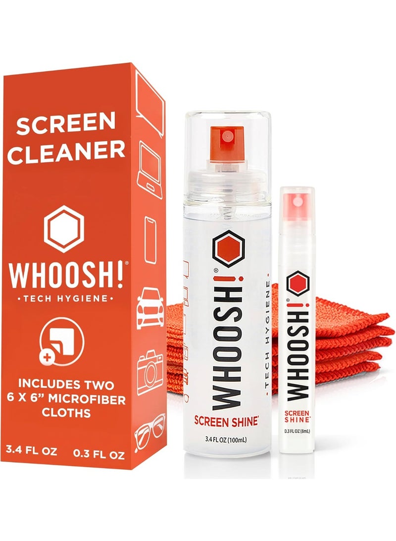 WHOOSH! رذاذ ومنظف شاشة WHOOSH! - 3.4 أونصة + 0.3 أونصة + 2 قطعة قماش ميكروفايبر - مجموعة مع زجاجات كبيرة وحجم سفر لتلفاز، سيارة، كمبيوتر، لابتوب، ماك بوك، آيباد، هاتف، كاميرا، نظارات، ساعة - Image 1