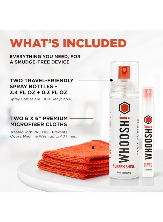WHOOSH! رذاذ ومنظف شاشة WHOOSH! - 3.4 أونصة + 0.3 أونصة + 2 قطعة قماش ميكروفايبر - مجموعة مع زجاجات كبيرة وحجم سفر لتلفاز، سيارة، كمبيوتر، لابتوب، ماك بوك، آيباد، هاتف، كاميرا، نظارات، ساعة - Image 2