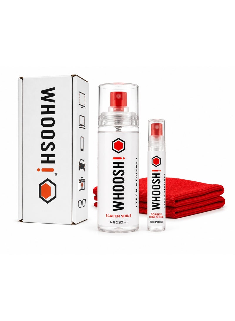 WHOOSH! Screen Cleaner Spray and Wipe - 3.4 oz + 0.3 oz + 2 Microfiber Cloth Wipes - Duo with Large & Travel Size Bottles for TV, Car, Computer, Laptop, MacBook, iPad, Phone, Camera, Eyeglass, Watch - Image 1