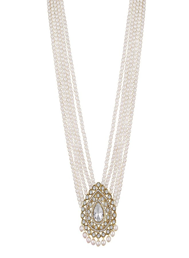 Mahi White Crystals and Artificial Beads Sherwani Multiplayer Moti Dulha Mala Haar Necklace for Men (ML1108108GWhi) - Image 1