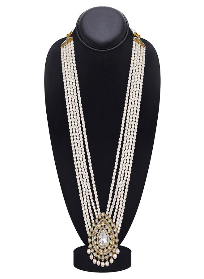 Mahi White Crystals and Artificial Beads Sherwani Multiplayer Moti Dulha Mala Haar Necklace for Men (ML1108108GWhi) - Image 3