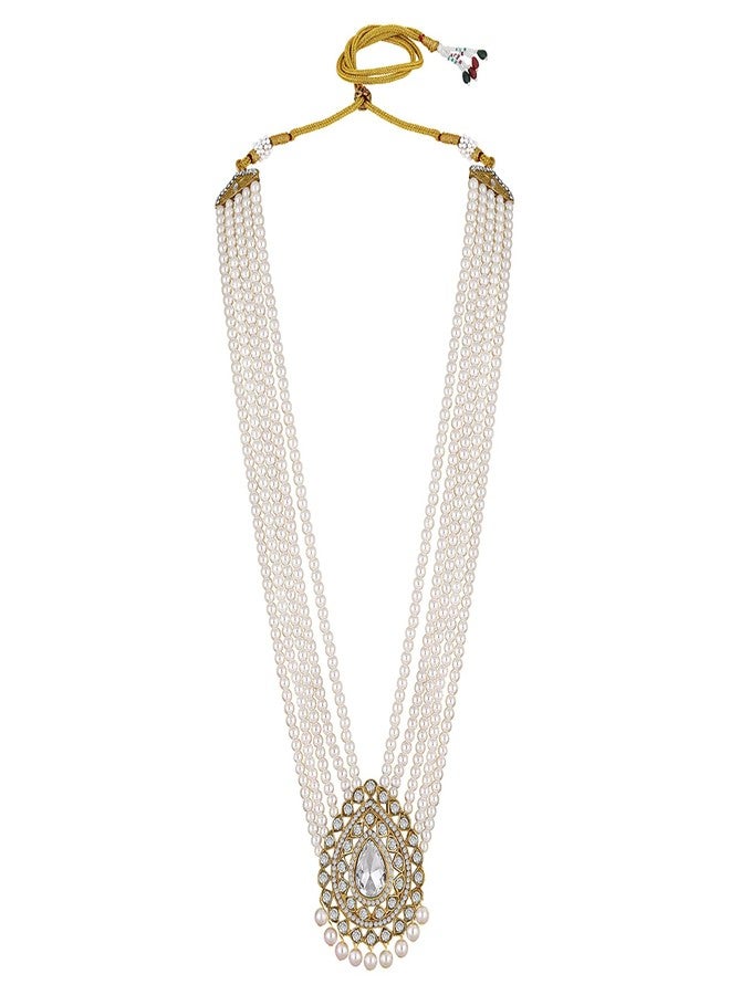 Mahi White Crystals and Artificial Beads Sherwani Multiplayer Moti Dulha Mala Haar Necklace for Men (ML1108108GWhi) - Image 4