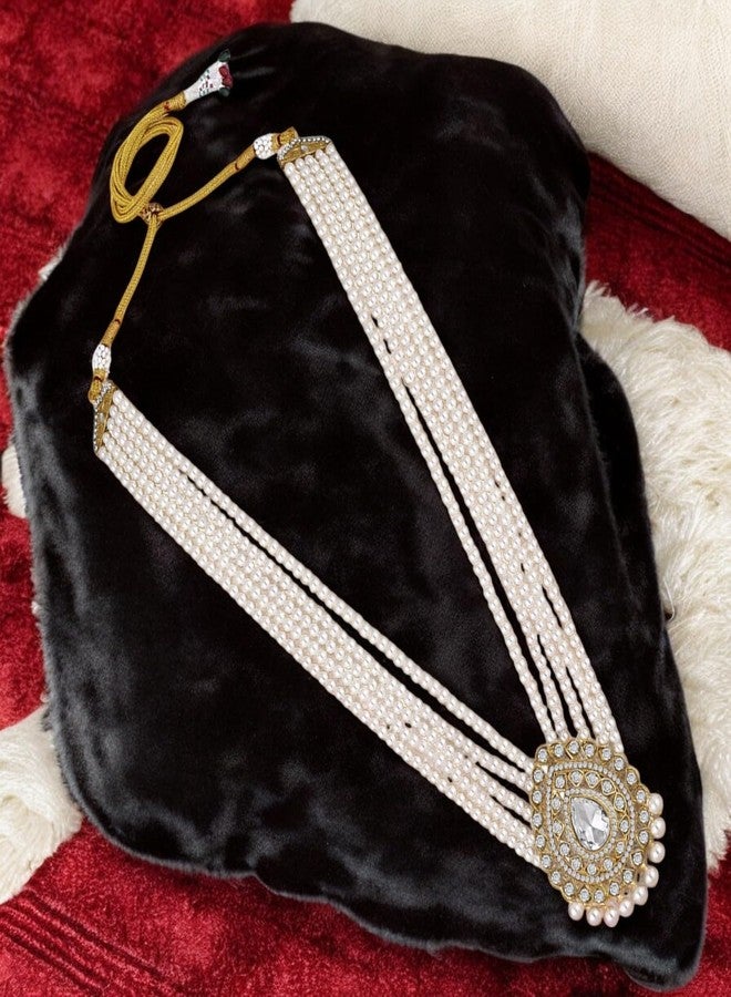 Mahi White Crystals and Artificial Beads Sherwani Multiplayer Moti Dulha Mala Haar Necklace for Men (ML1108108GWhi) - Image 2
