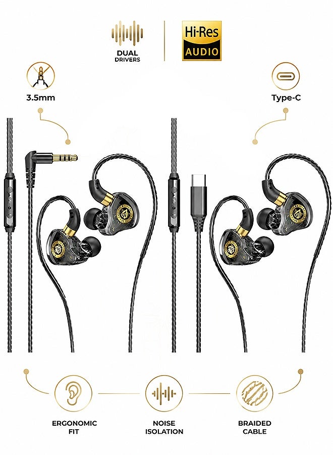 GD 2 Pcs In-Ear Wired Headphones with Microphone - 3.5mm and USB-C Sports in-Ear Earbuds with HiFi Stereo Sound Comfort-Fit Gaming Earphones, Ideal for Running Gaming & Music - Image 1