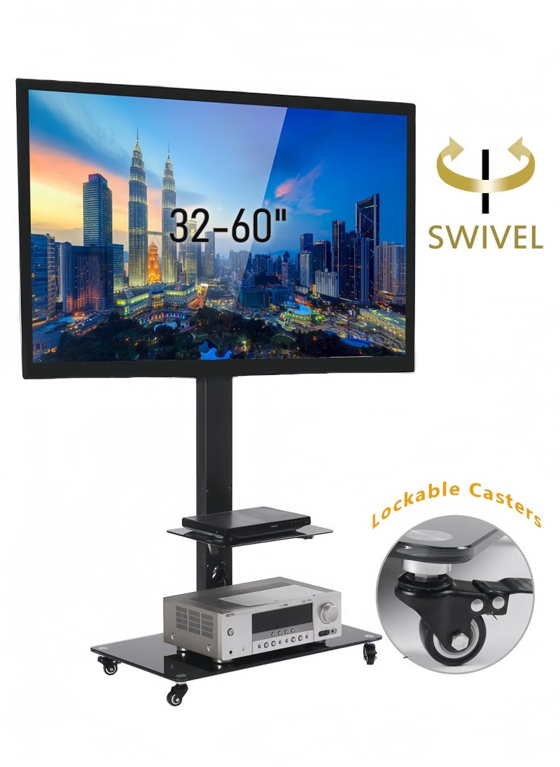 FlashHawk Mobile Floor TV Stand with Tempered Glass Shelf, Height Adjustable Rolling Cart for 32-60 Inch TVs, VESA 600x400, 50kg Capacity  - Image 1
