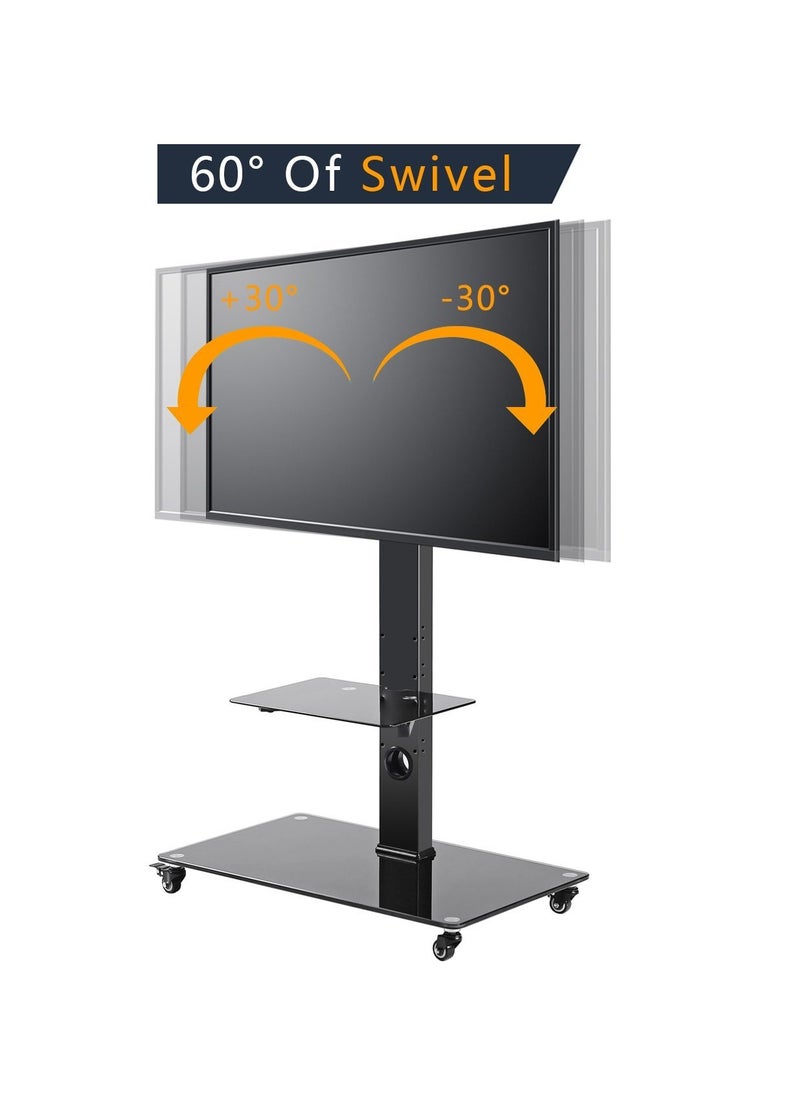 FlashHawk Mobile Floor TV Stand with Tempered Glass Shelf, Height Adjustable Rolling Cart for 32-60 Inch TVs, VESA 600x400, 50kg Capacity  - Image 2