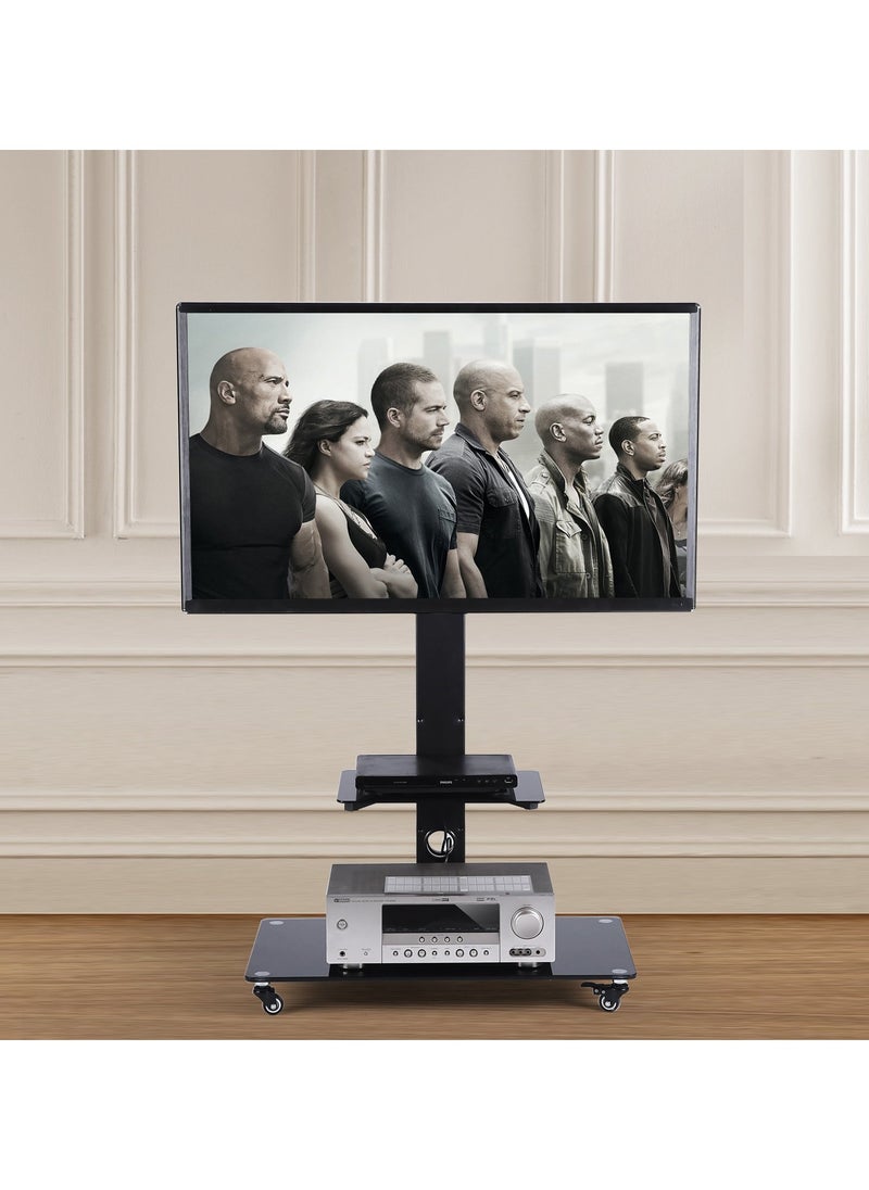 Mobile Floor TV Stand with Tempered Glass Shelf, Height Adjustable Rolling Cart for 32-60 Inch TVs, VESA 600x400, 50kg Capacity