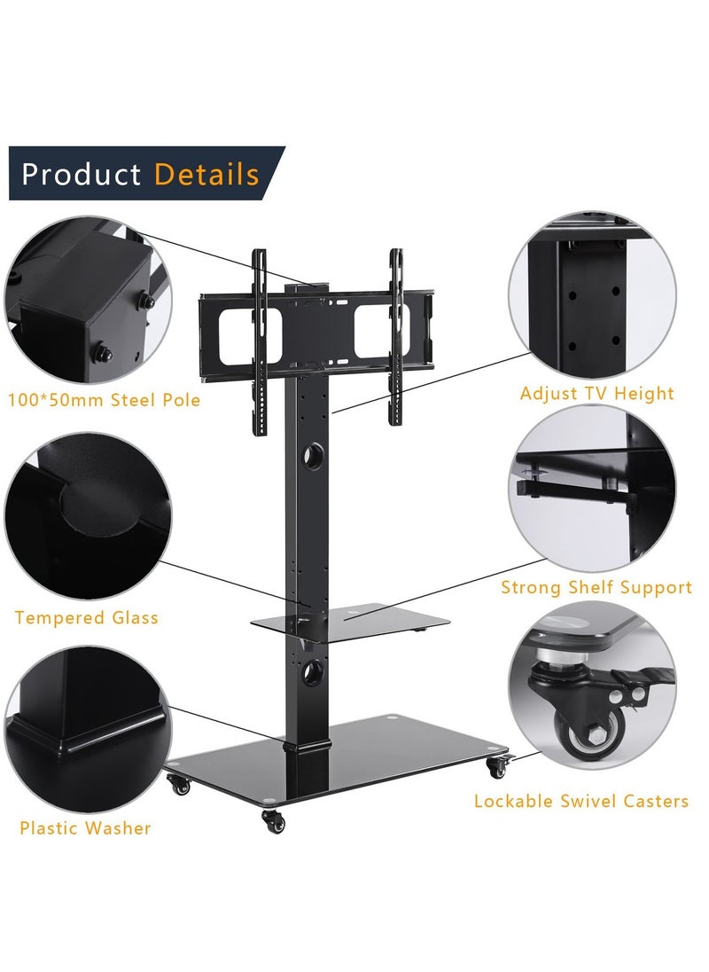 FlashHawk Mobile Floor TV Stand with Tempered Glass Shelf, Height Adjustable Rolling Cart for 32-60 Inch TVs, VESA 600x400, 50kg Capacity  - Image 3