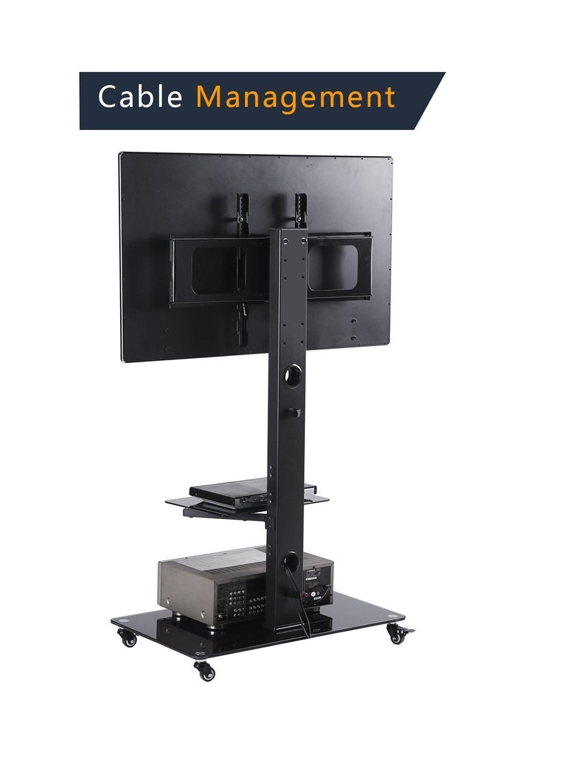 FlashHawk Mobile Floor TV Stand with Tempered Glass Shelf, Height Adjustable Rolling Cart for 32-60 Inch TVs, VESA 600x400, 50kg Capacity  - Image 5