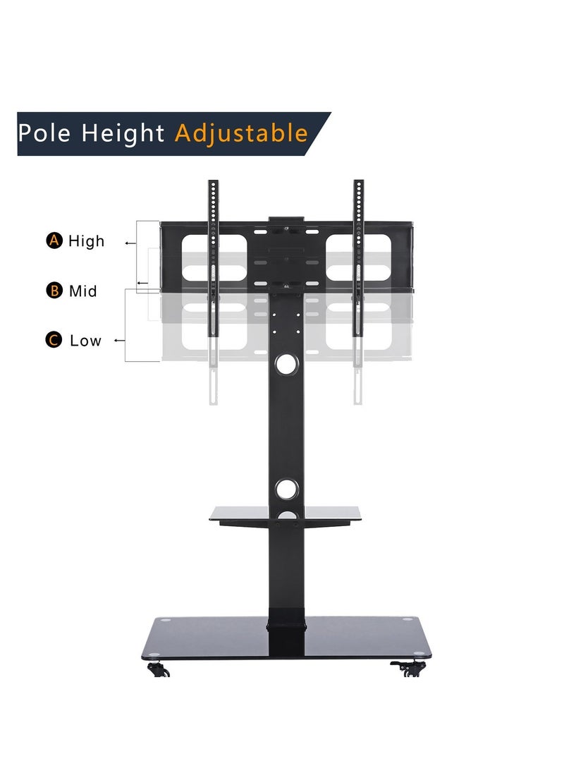 FlashHawk Mobile Floor TV Stand with Tempered Glass Shelf, Height Adjustable Rolling Cart for 32-60 Inch TVs, VESA 600x400, 50kg Capacity  - Image 4