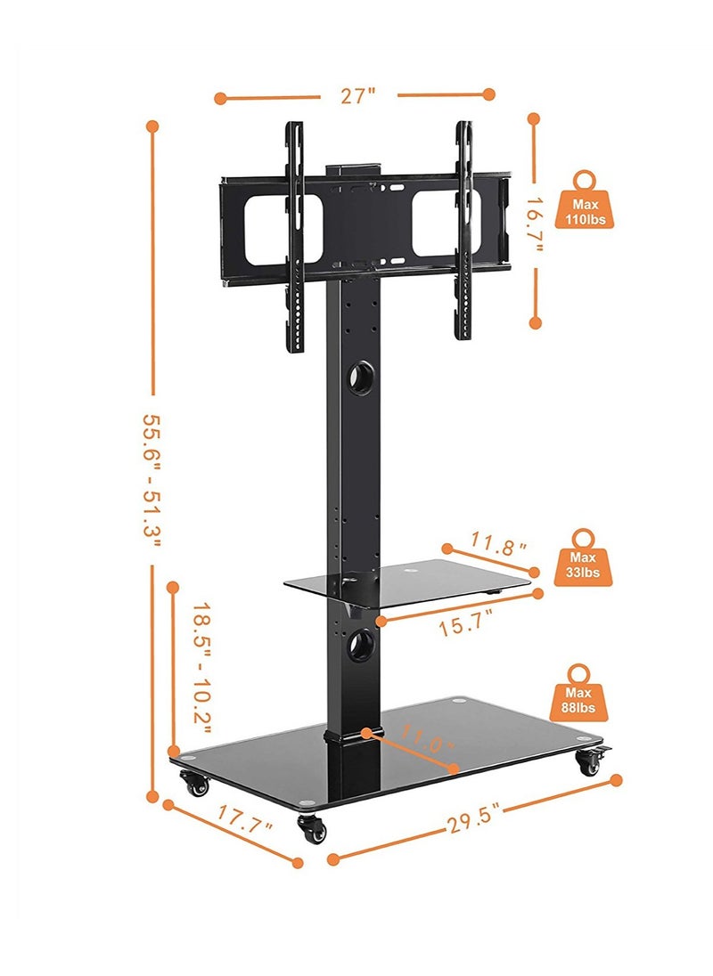 Mobile Floor TV Stand with Tempered Glass Shelf, Height Adjustable Rolling Cart for 32-60 Inch TVs, VESA 600x400, 50kg Capacity